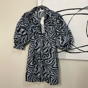SOLD!! GANNI NWT Blue & Black Zebra Animal Swirl Poplin Dress 34